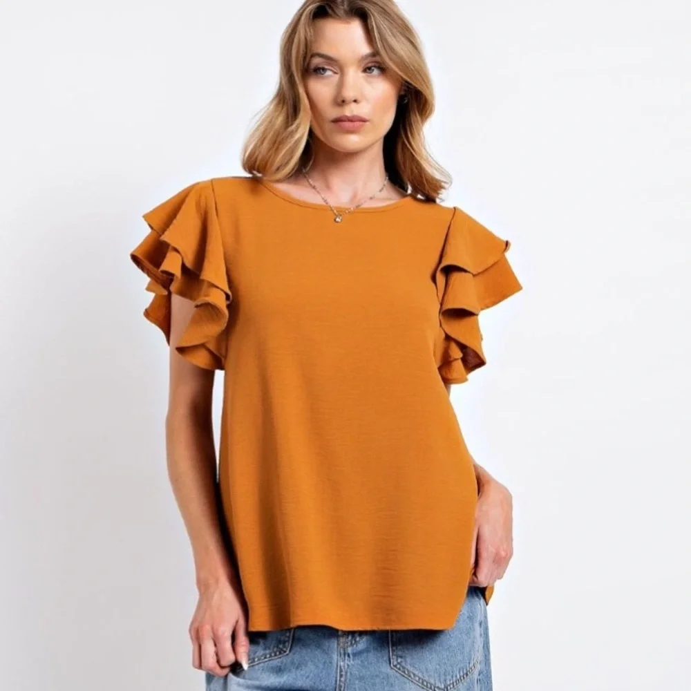 Easel Terracotta Ruffle Sleeve Blouse - Picture 3 of 4